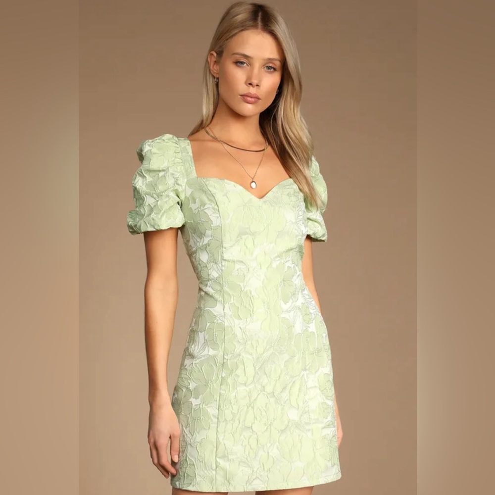 Light Green Floral Jacquard Puff Sleeve Mini Dress